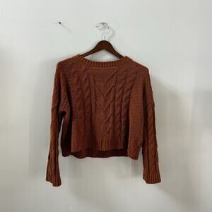 Pink Rose Brown Cable-Knit Pullover Sweater Crew Neck 100% Polyester Size L
